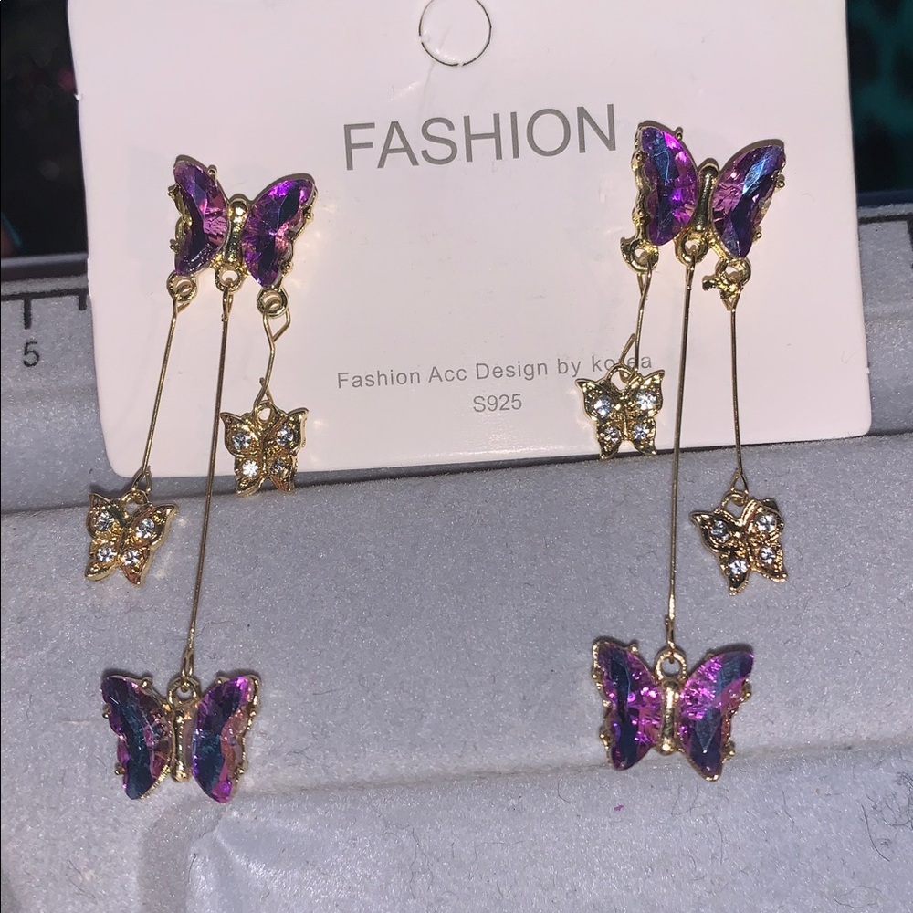 Purple and Gold Butterfly Dangle Earrings